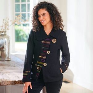 Carson Black Wool Swing Jacket with Decorative Buttons Appliquéd Fabric - Size M